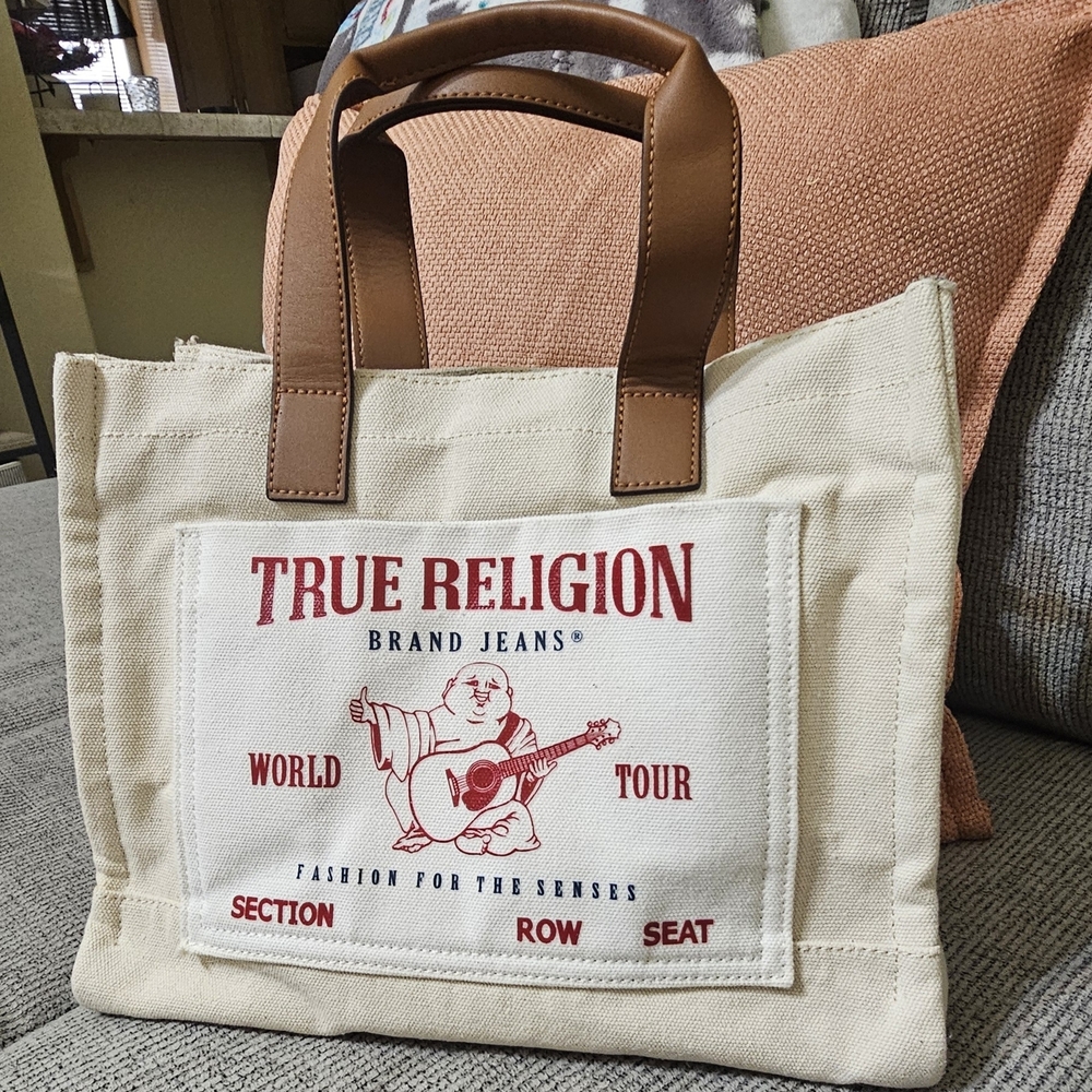 True Religion Canvas Tote Bag - Cream and Brown